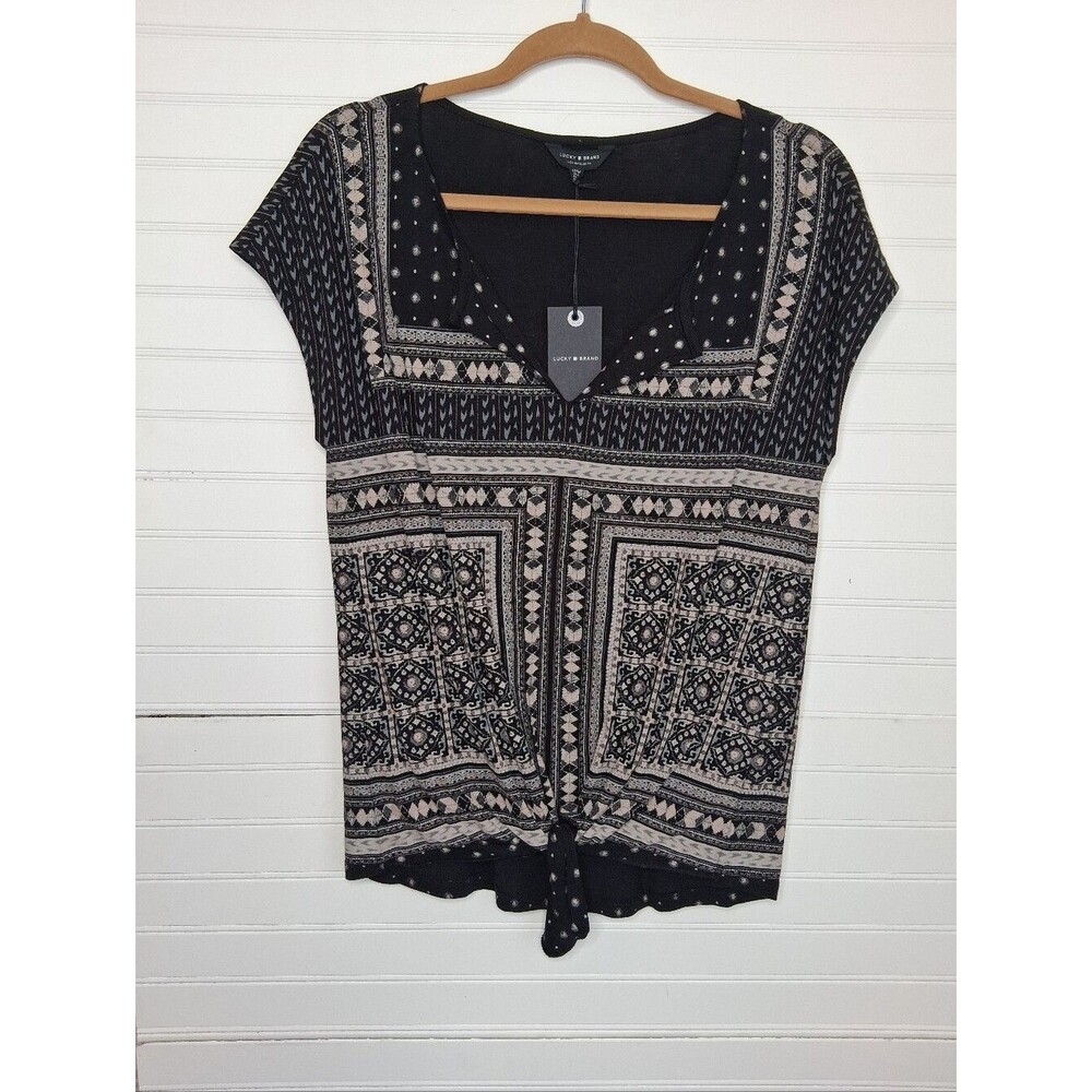 Lucky Brand Black and Cream Printed V-Neck Tie Front Top Sz M NWT